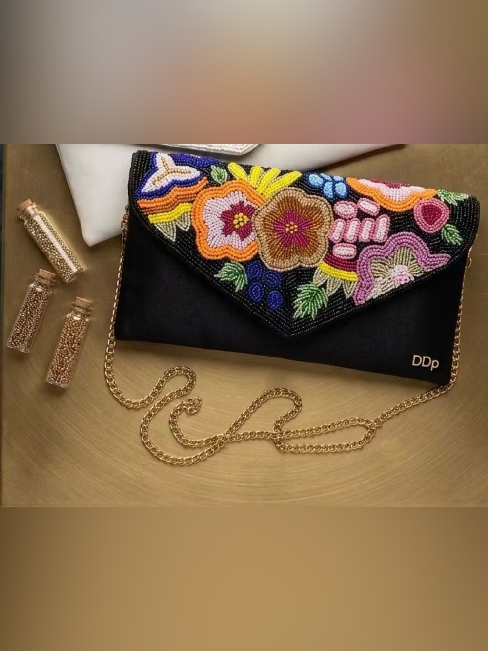 Black Beaded Floral Envelope Clutch with Gold Chain
